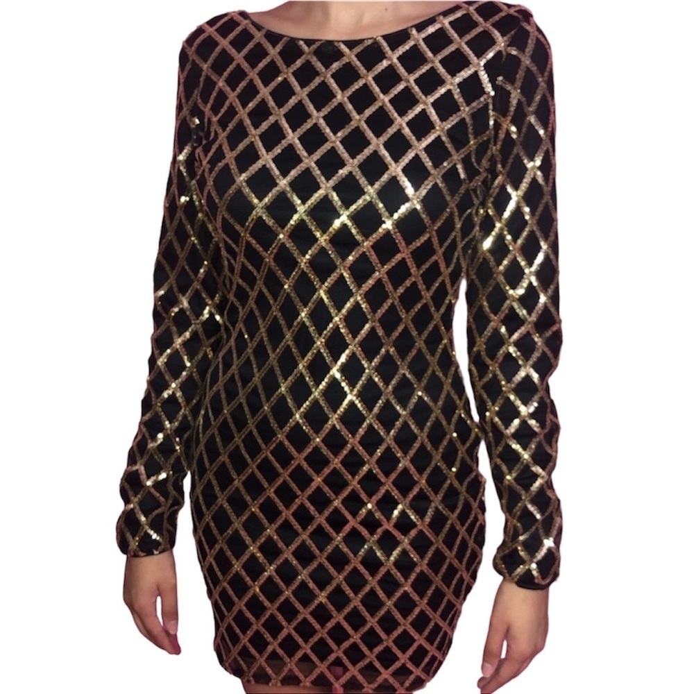 Sheer Mesh Gold Sequin Long Sleeve Dress NYE